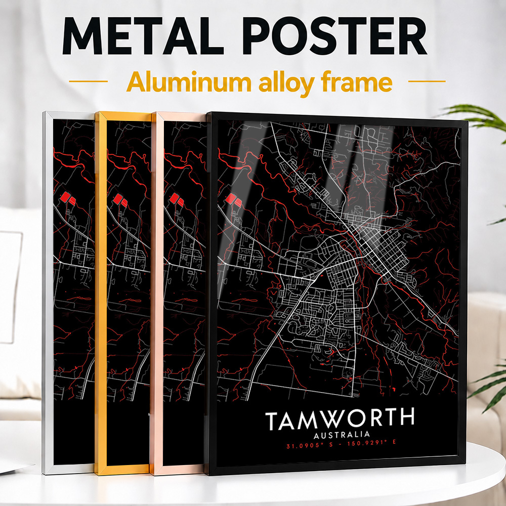 Custom Map Poster - Tamworth Karanlık Harita Çerçeveli Metal Baskı